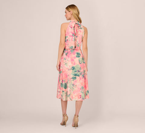 Floral Print Chiffon Halter Dress With Mock Neck In Blush Multi