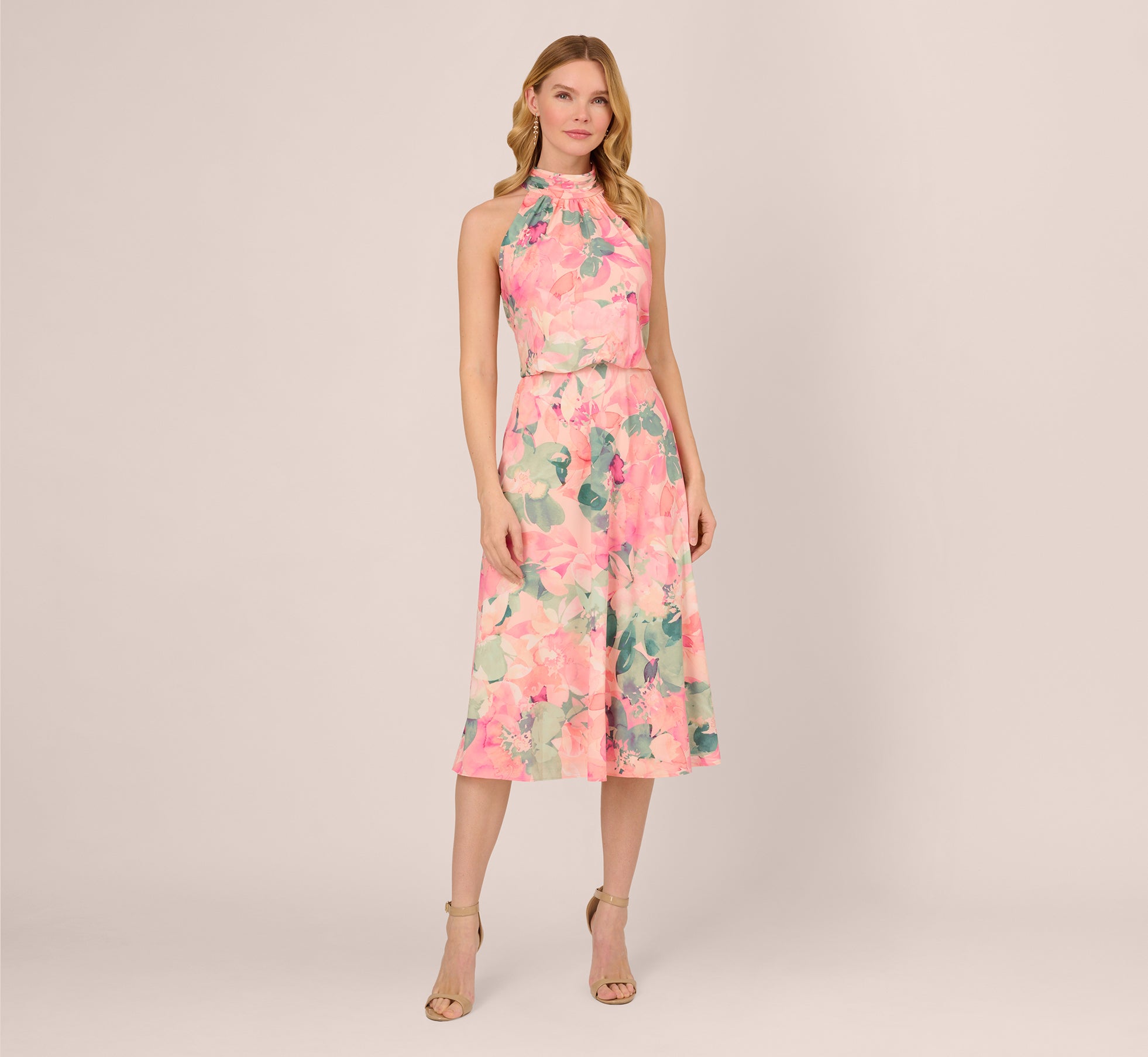 Floral Print Chiffon Halter Dress With Mock Neck In Blush Multi 1