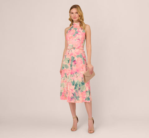 Floral Print Chiffon Halter Dress With Mock Neck In Blush Multi