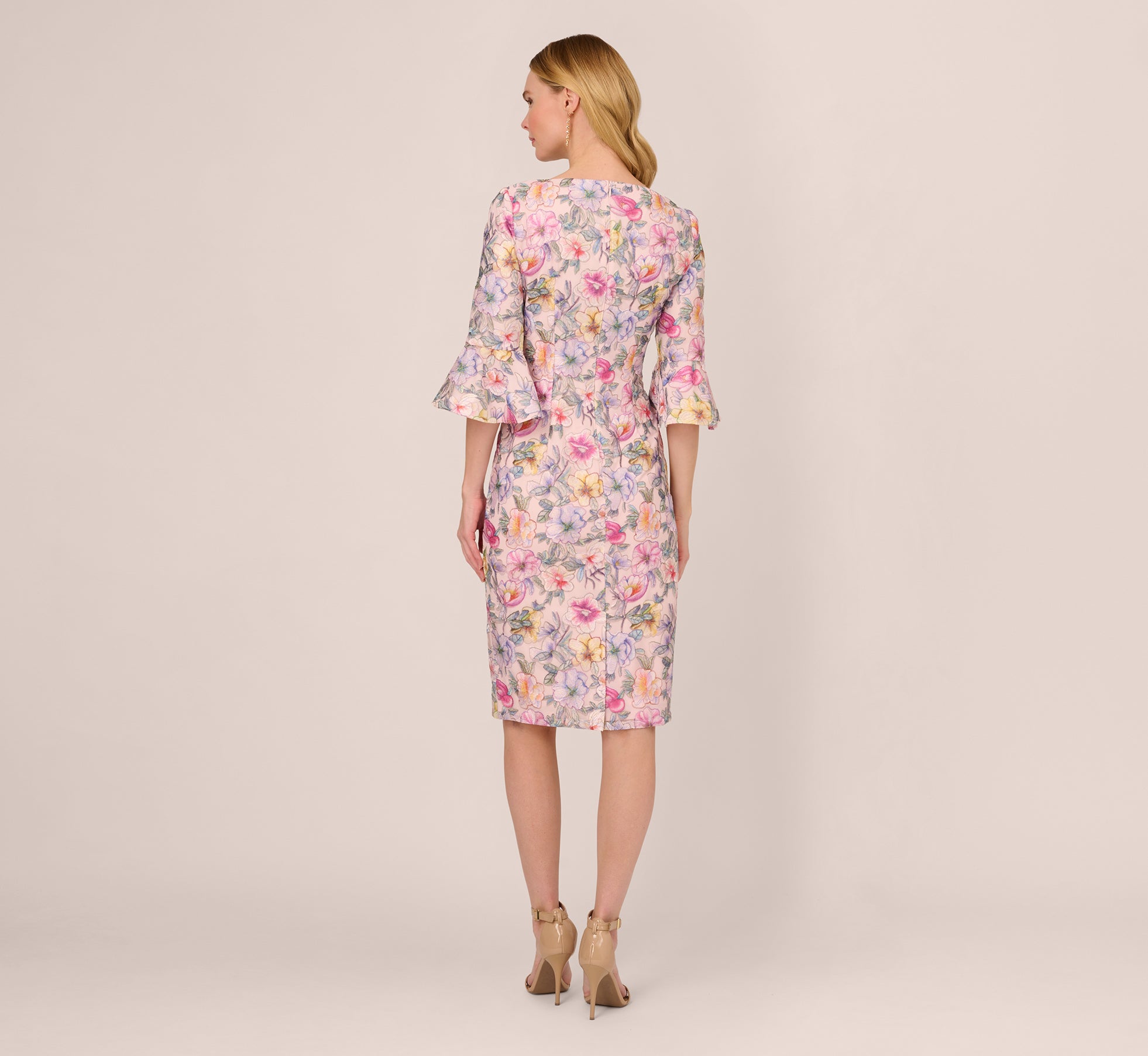 Floral Embroidered Sheath Dress With Three Quarter Bell Sleeves In