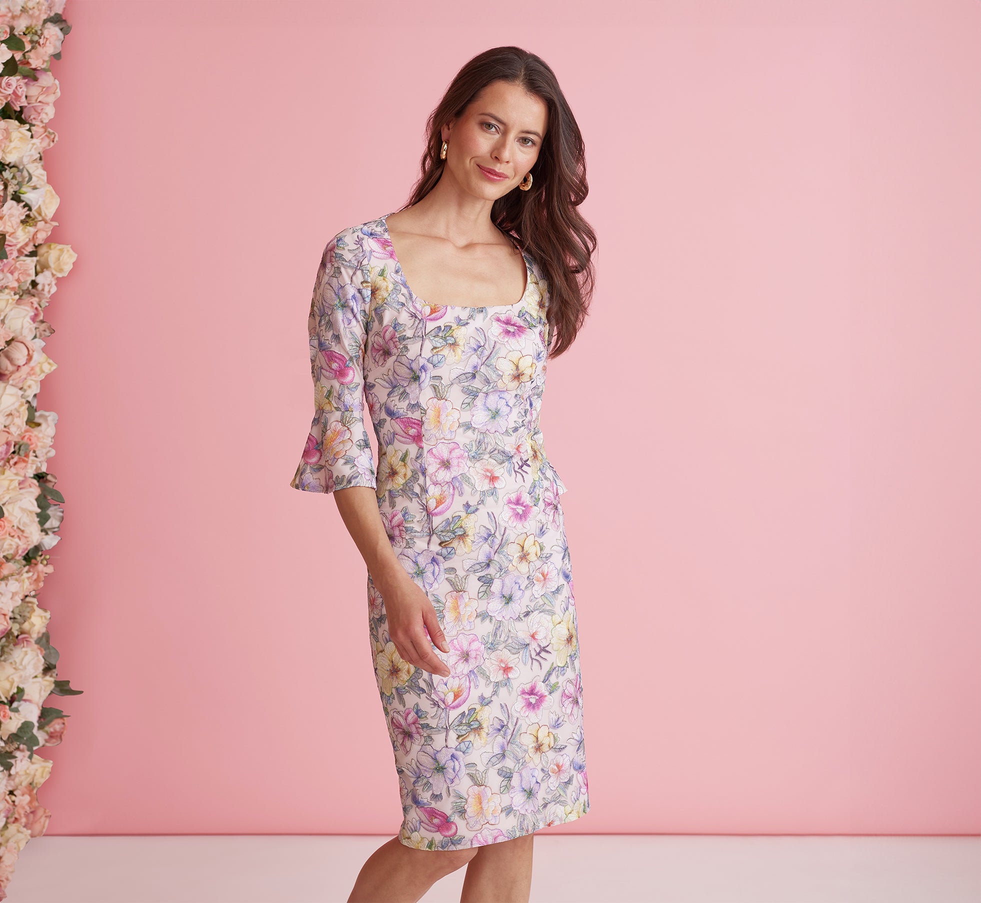 Floral Embroidered Sheath Dress With Three Quarter Bell Sleeves In