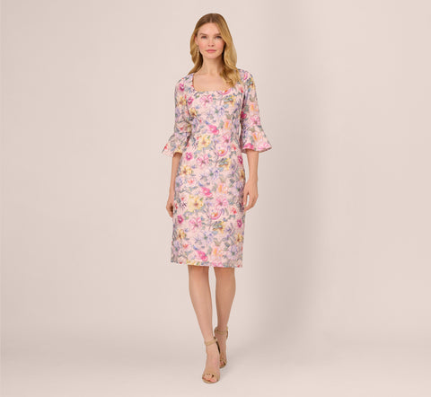 Floral Embroidered Sheath Dress With Three Quarter Bell Sleeves In Blu Adrianna Papell