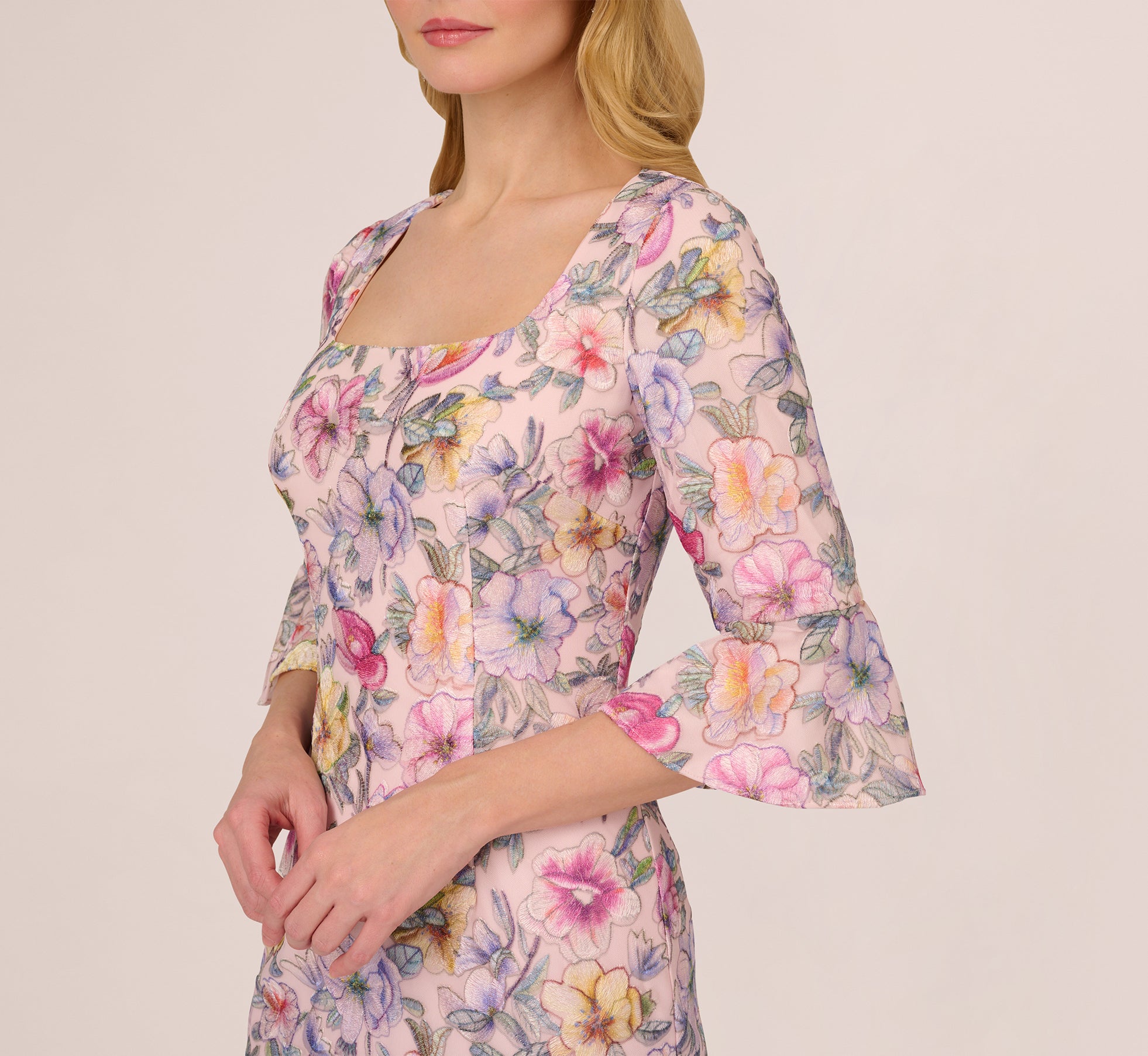 Floral Embroidered Sheath Dress With Three Quarter Bell Sleeves In