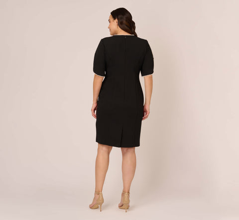 Plus Size Crepe Midi Length Sheath Dress With Pearl Trimmed Sleeves In Black