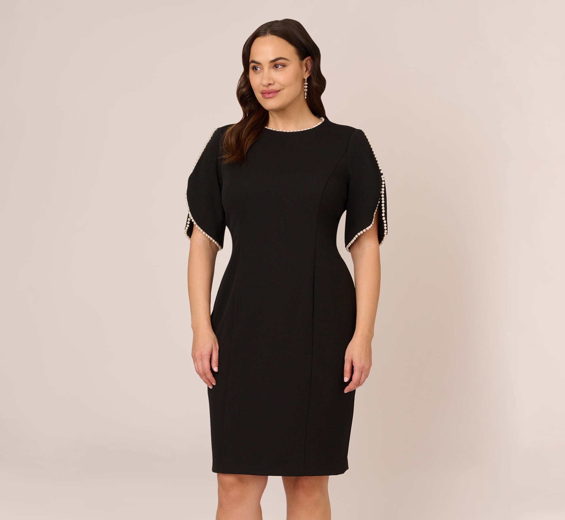 Plus Size Crepe Midi Length Sheath Dress With Pearl Trimmed