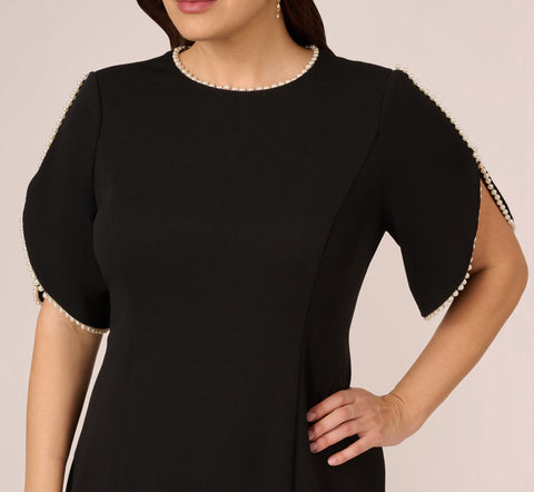 Plus Size Crepe Midi Length Sheath Dress With Pearl Trimmed Sleeves In Black