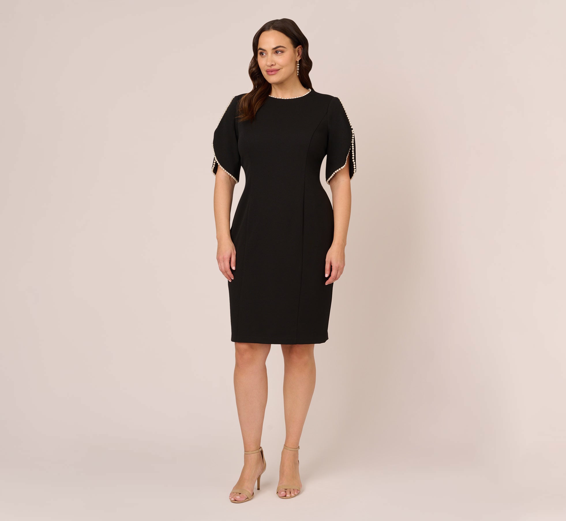 Plus Size Crepe Midi Length Sheath Dress With Pearl Trimmed