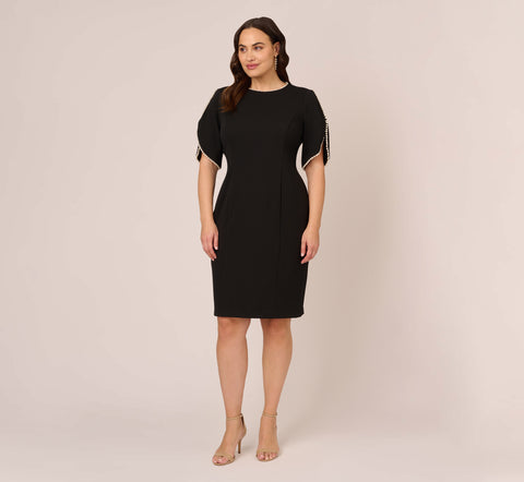 Plus Size Crepe Midi Length Sheath Dress With Pearl Trimmed Sleeves In Black