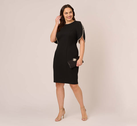 Plus Size Crepe Midi Length Sheath Dress With Pearl Trimmed Sleeves In Black