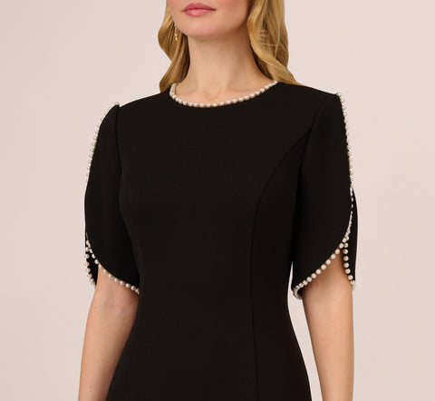 Crepe Midi Length Sheath Dress With Pearl Trimmed Sleeves In Black