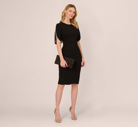 Crepe Midi Length Sheath Dress With Pearl Trimmed Sleeves In Black