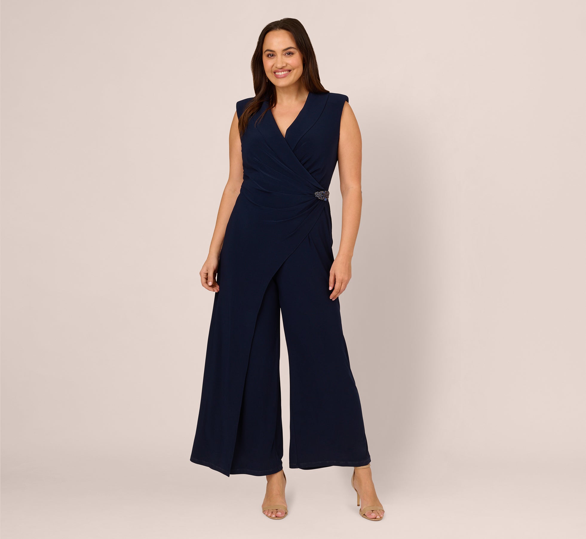 Plus Size Sleeveless Jersey Wide Leg Jumpsuit With Shawl Neckline In Midnight 1