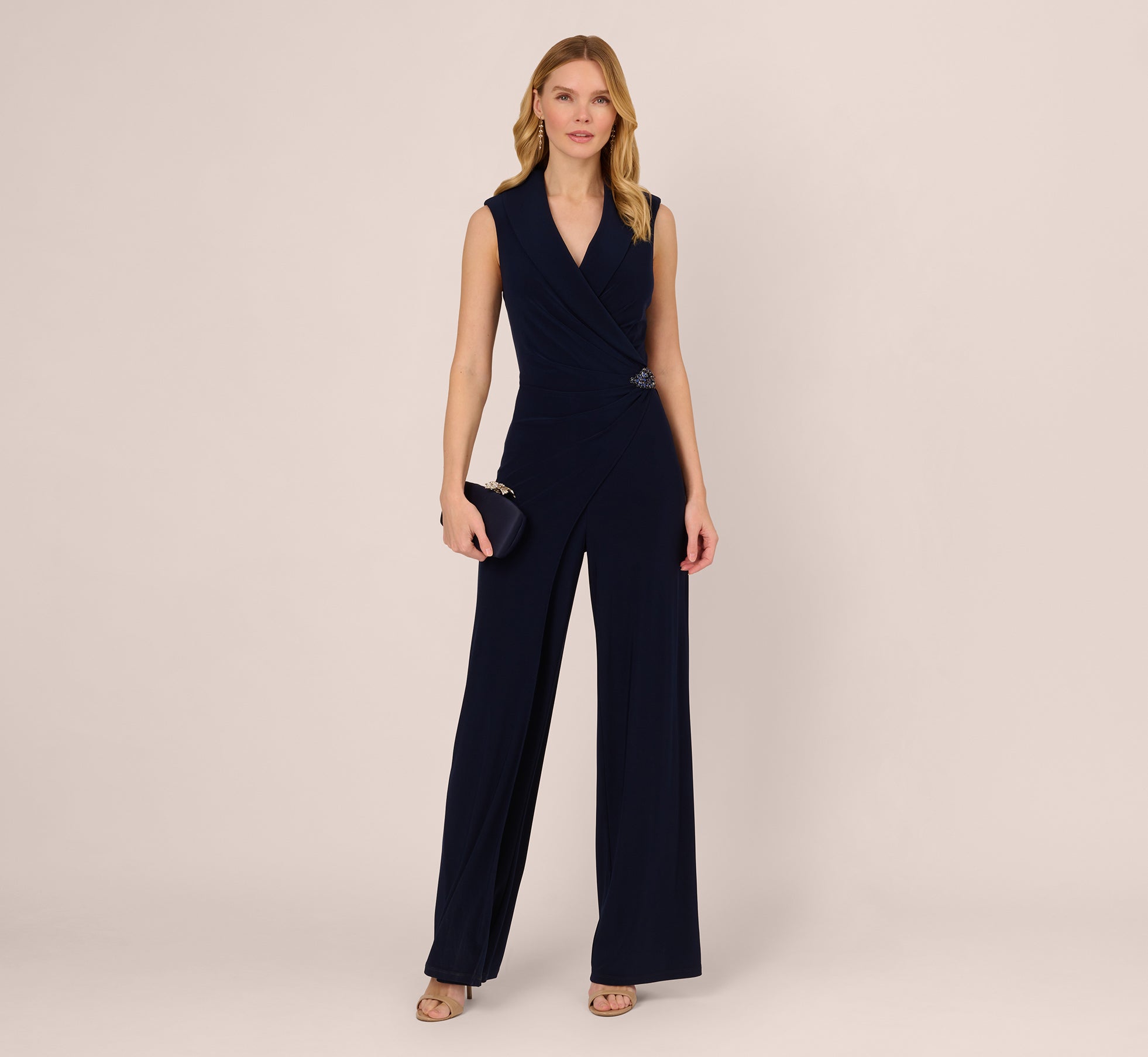 Sleeveless Jersey Wide Leg Jumpsuit With Shawl Neckline In