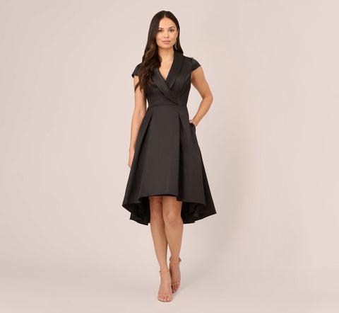 Cap Sleeve Mikado Midi Dress With High Low Skirt In Black