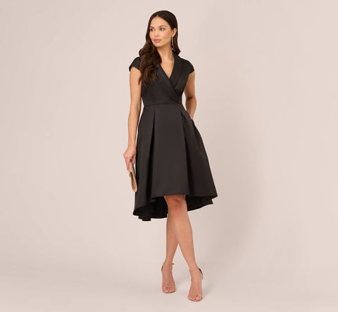 Cap Sleeve Mikado Midi Dress With High Low Skirt In Black