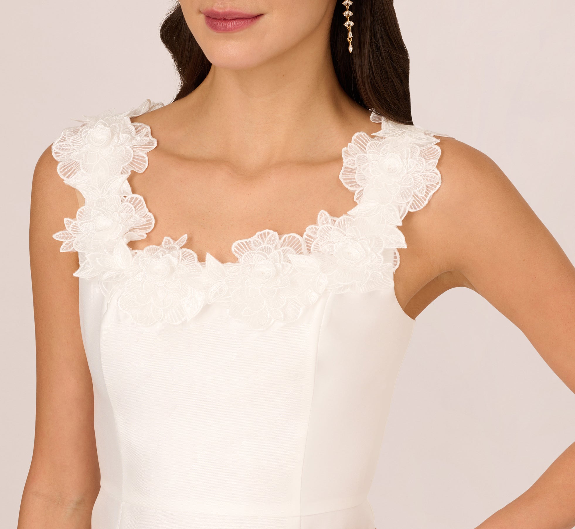 Sleeveless Mikado Cocktail Dress With Flower Trim Neck In Ivory