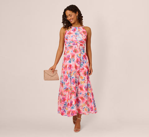 Sleeveless Floral Chiffon Halter Dress With Tie Waist In Ivory Multi