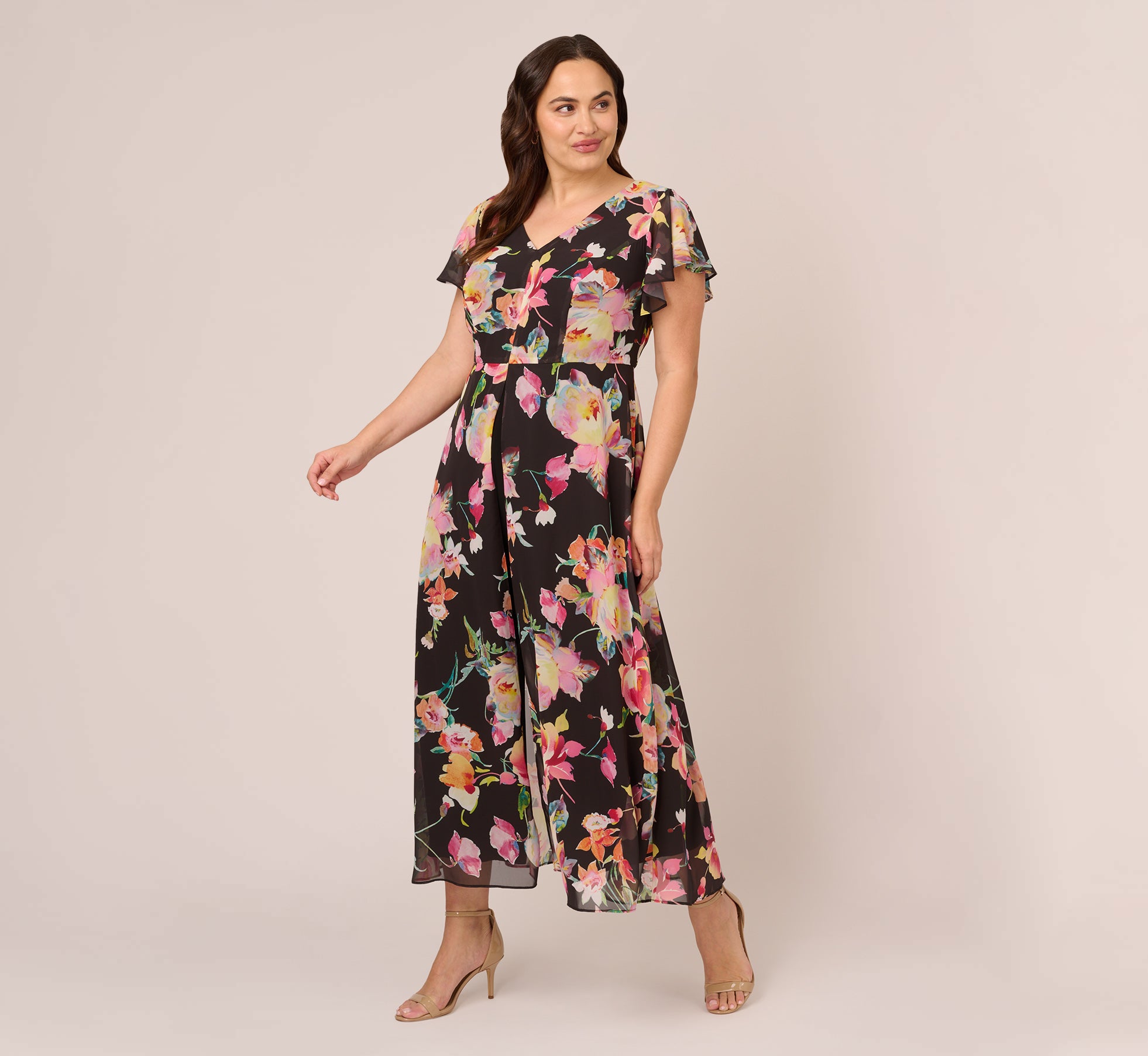 Plus Size Floral Print Cropped Jumpsuit With Skirt Overlay In