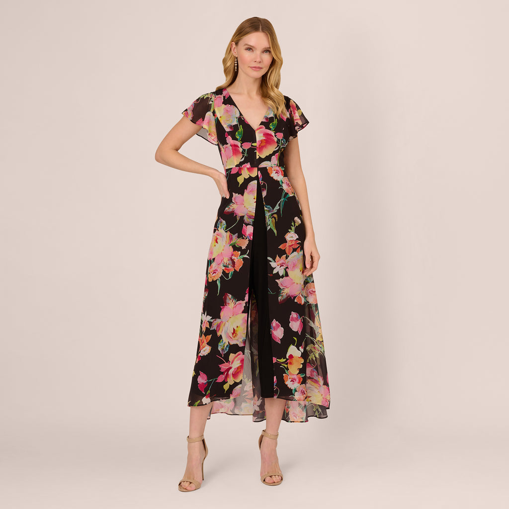 Floral-Print Cropped Jumpsuit With Chiffon Overlay In Navy Multi