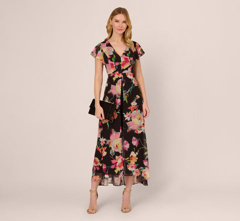 Floral Print Cropped Jumpsuit With Skirt Overlay In Black Multi