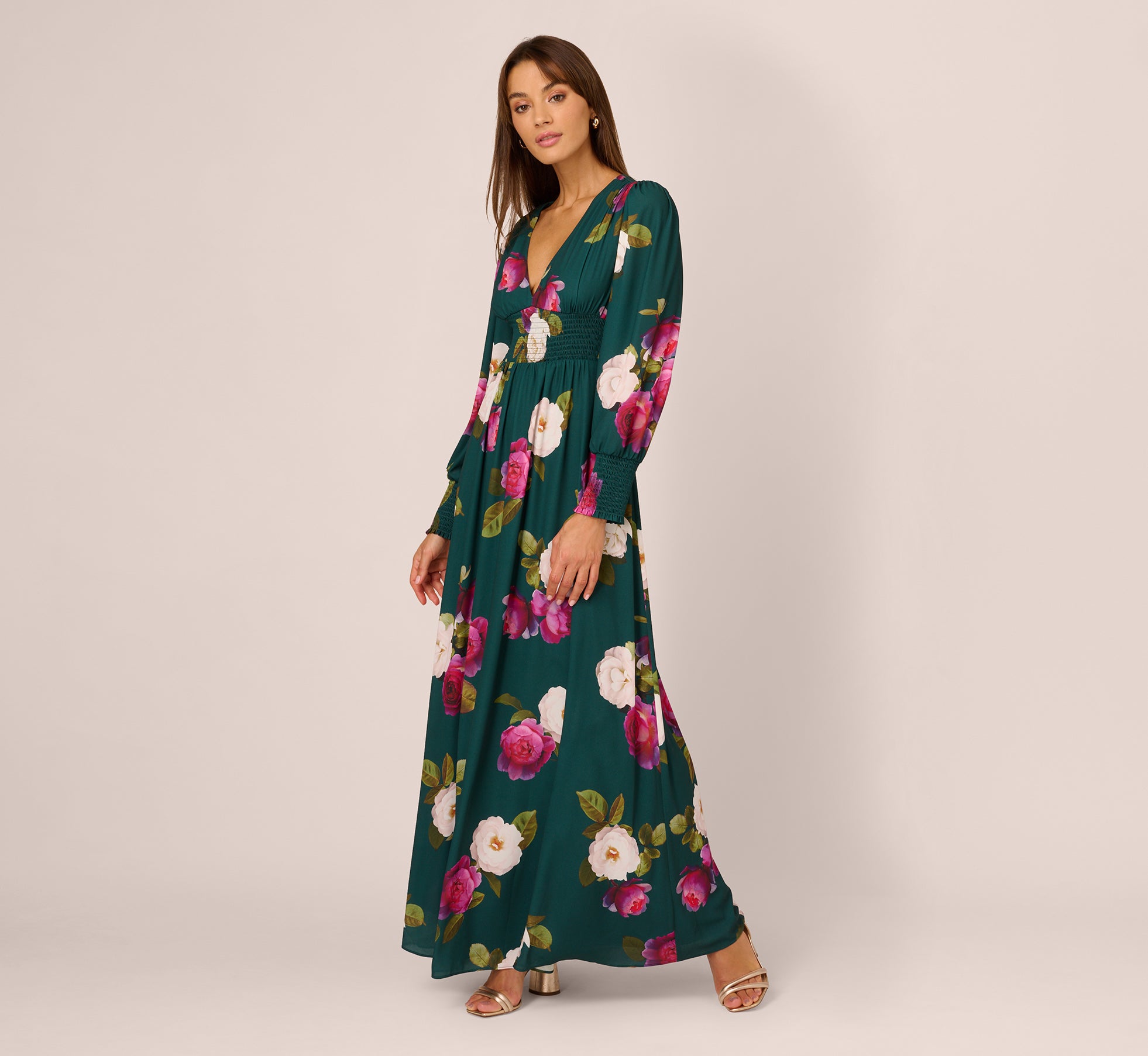 Floral Smock Maxi Dress With Long Sleeves In Green Multi 1