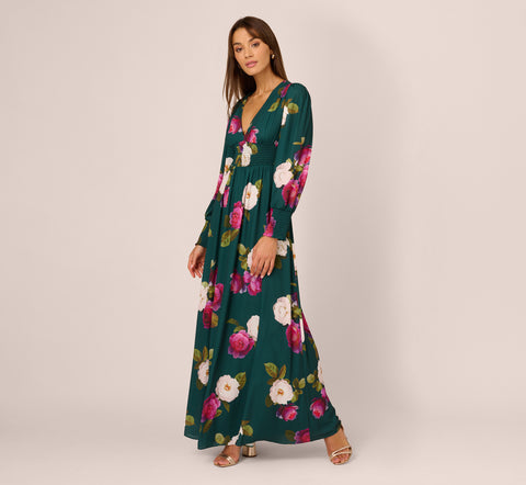 Floral Smock Maxi Dress With Long Sleeves In Green Multi