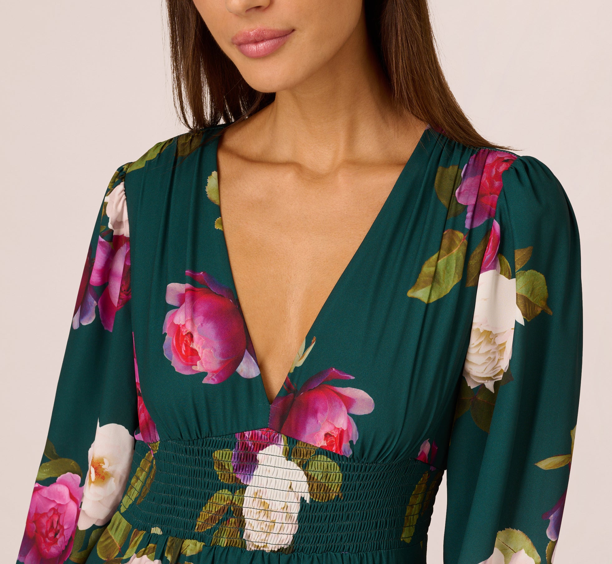 Floral Smock Maxi Dress With Long Sleeves In Green Multi – Adrianna Papell