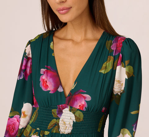 Floral Smock Maxi Dress With Long Sleeves In Green Multi