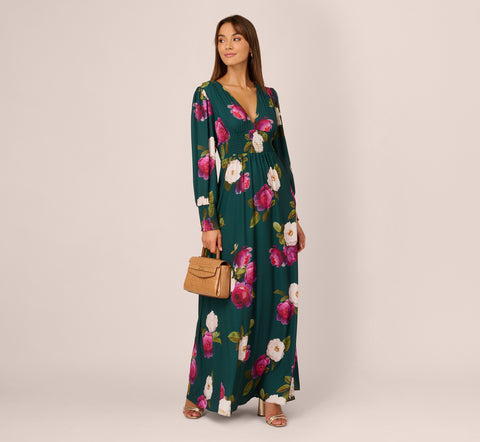 Floral Smock Maxi Dress With Long Sleeves In Green Multi