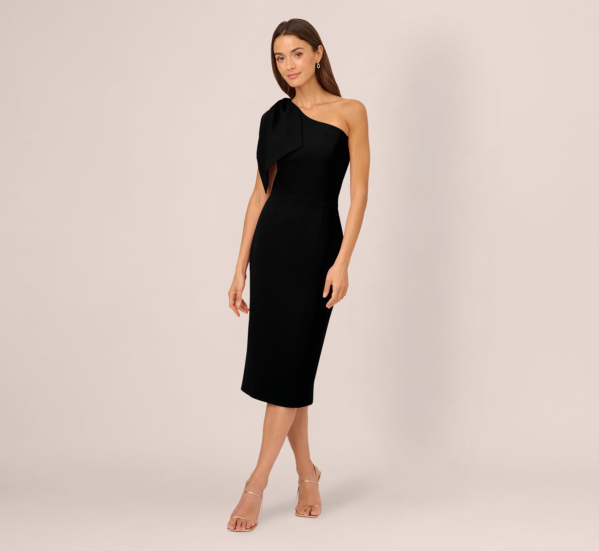 One Shoulder Midi Dress With Bow Accent In Black Adrianna Papell