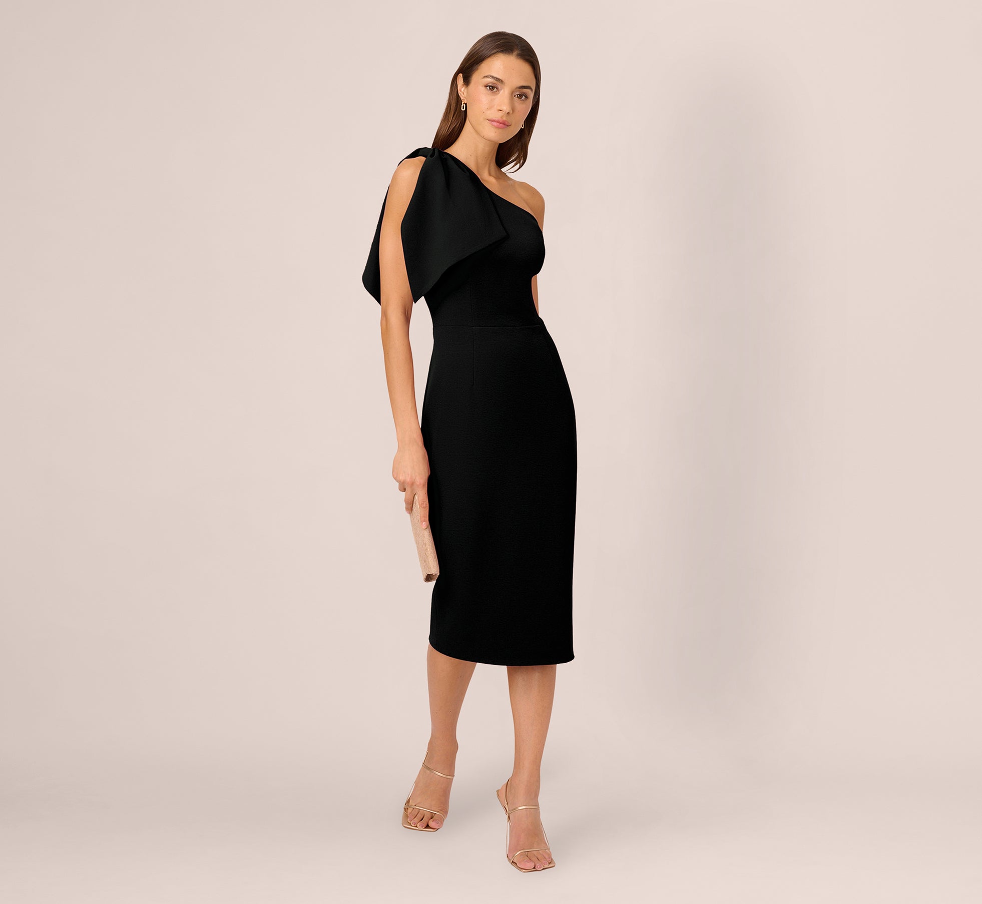 One Shoulder Midi Dress With Bow Accent In Black Adrianna Papell