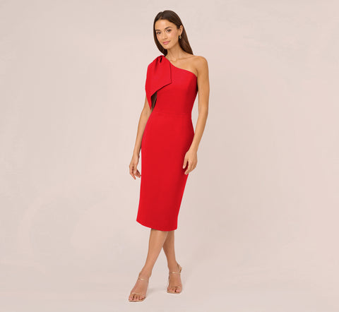 One Shoulder Midi Dress With Bow Accent In Red