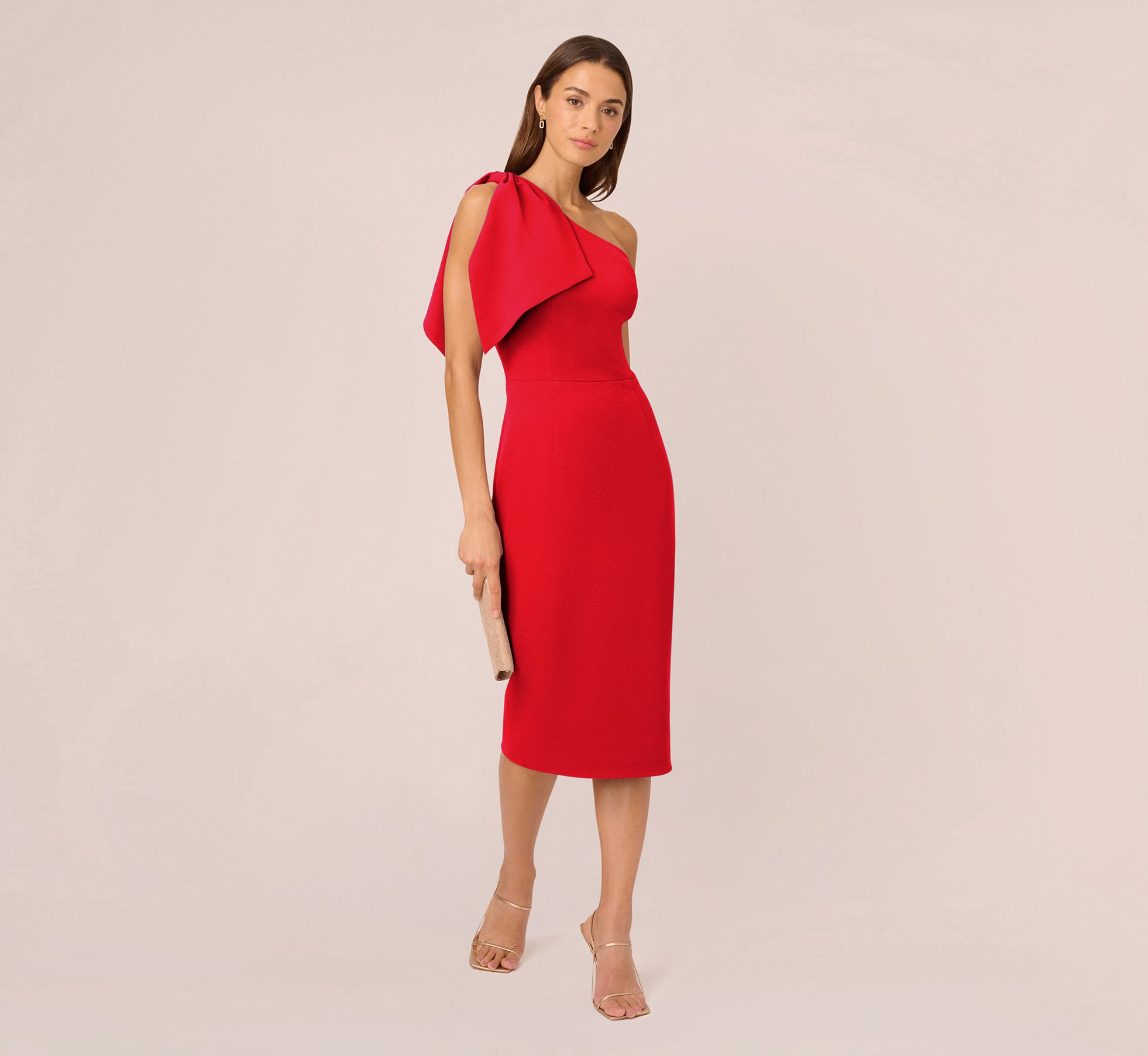 One Shoulder Midi Dress With Bow Accent In Red Adrianna Papell