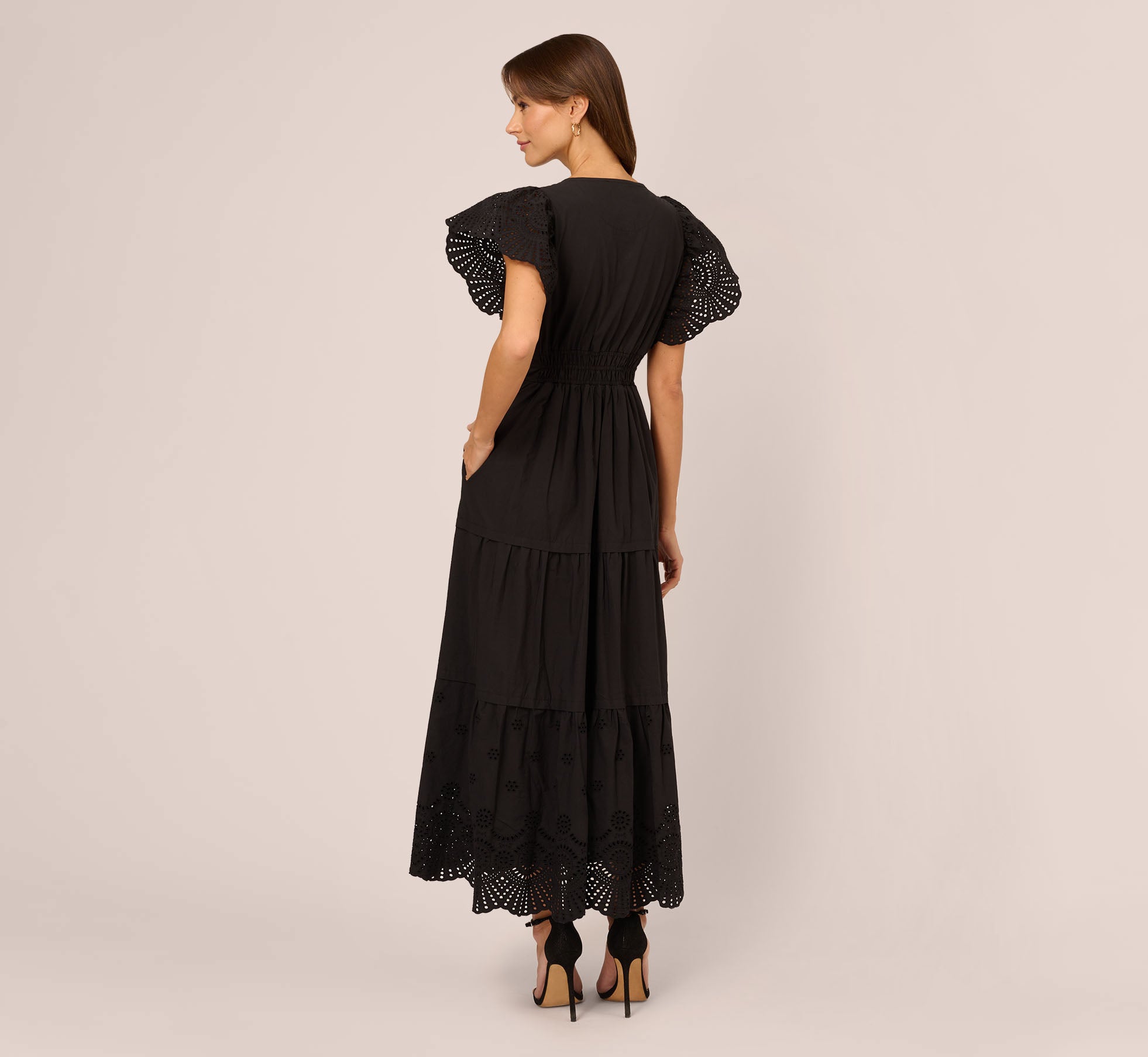 Eyelet Maxi Dress With Scalloped Short Sleeves In Black Adrianna Papell