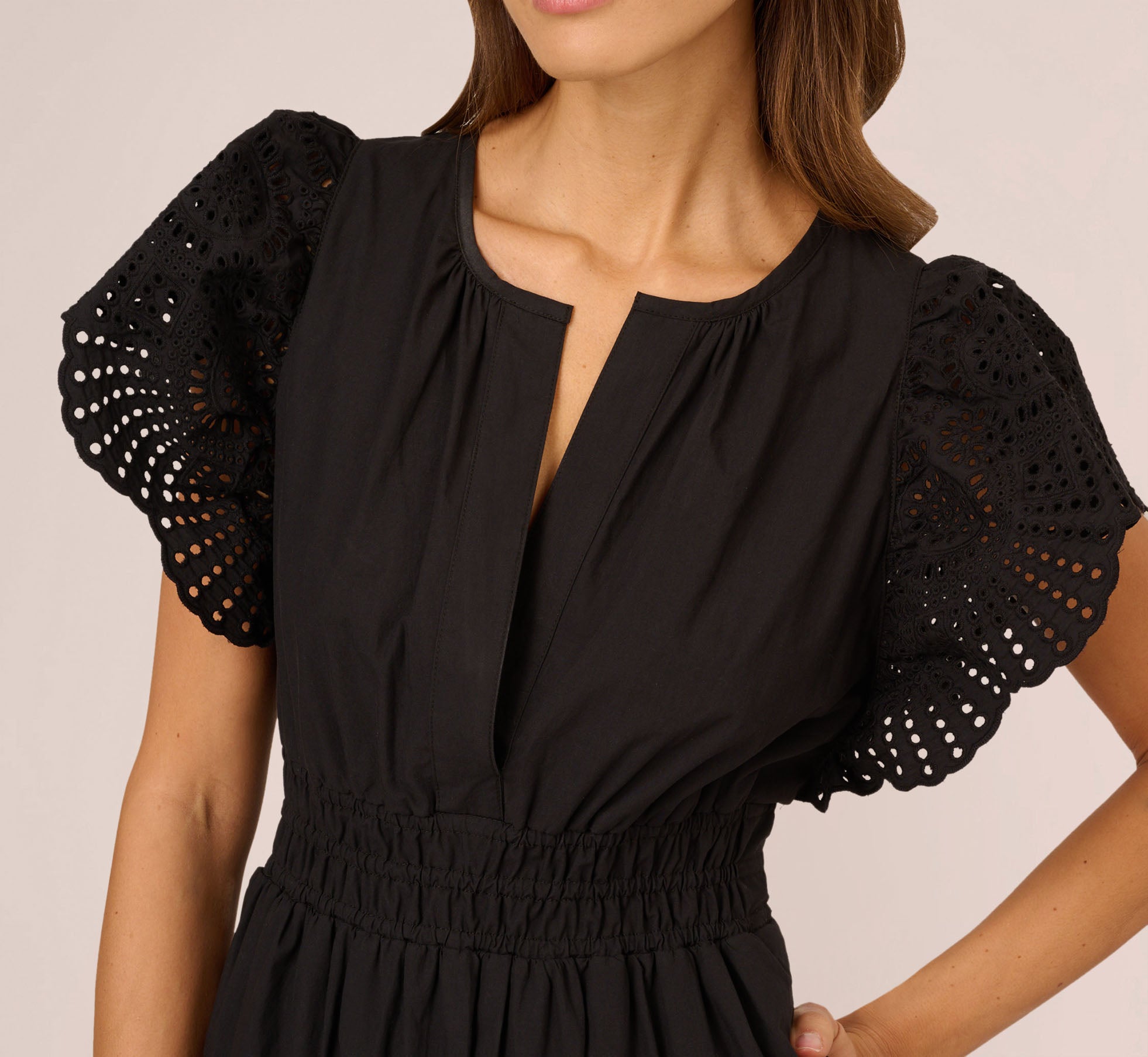 Eyelet Maxi Dress With Scalloped Short Sleeves In Black Adrianna