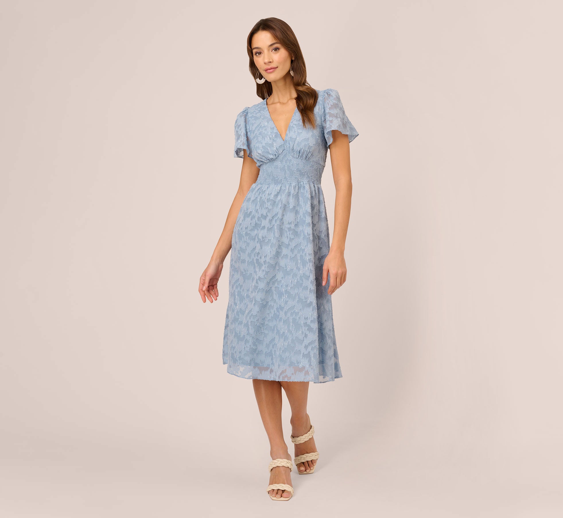 Burnout Smocked Midi Dress With Short Sleeves In Dusty Blue 1