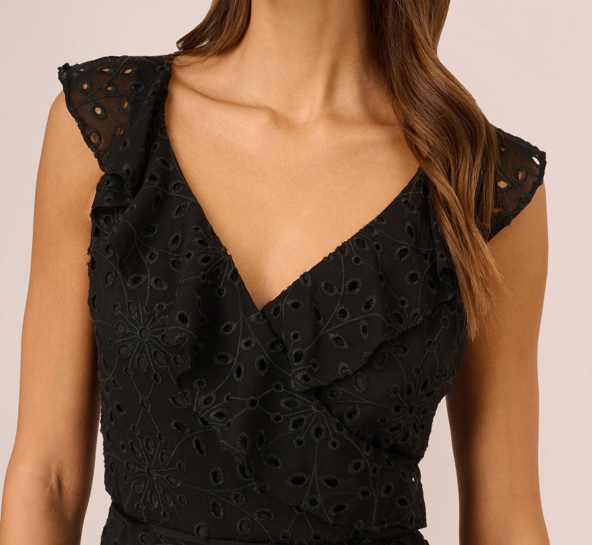 Eyelet Faux Wrap Midi Dress With Ruffle Details In Black