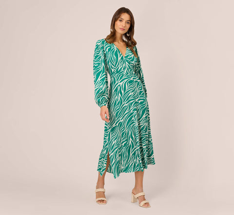 Printed Faux Wrap Dress With Bishop Long Sleeves In Green Ivory