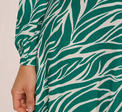 Printed Faux Wrap Dress With Bishop Long Sleeves In Green Ivory