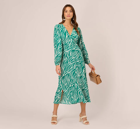 Printed Faux Wrap Dress With Bishop Long Sleeves In Green Ivory