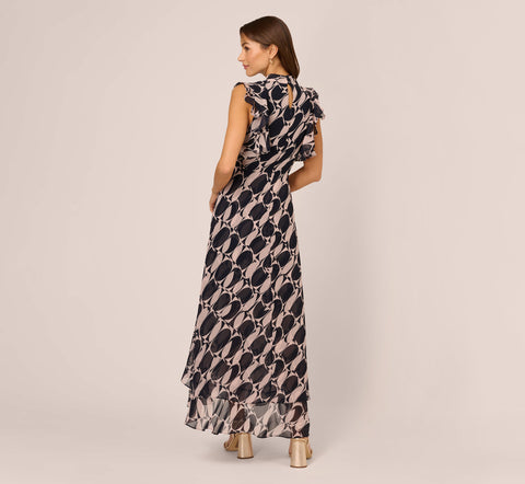 Sleeveless Printed Maxi Dress With Ruffle Trim In Navy Blush