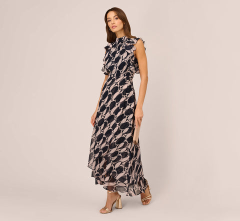 Sleeveless Printed Maxi Dress With Ruffle Trim In Navy Blush