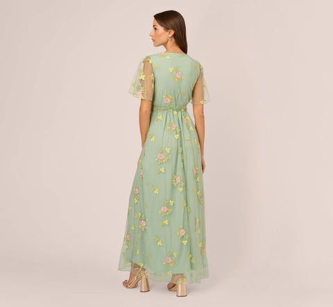 Floral Embroidered Maxi Dress With Sheer Flutter Sleeves In Sage Multi