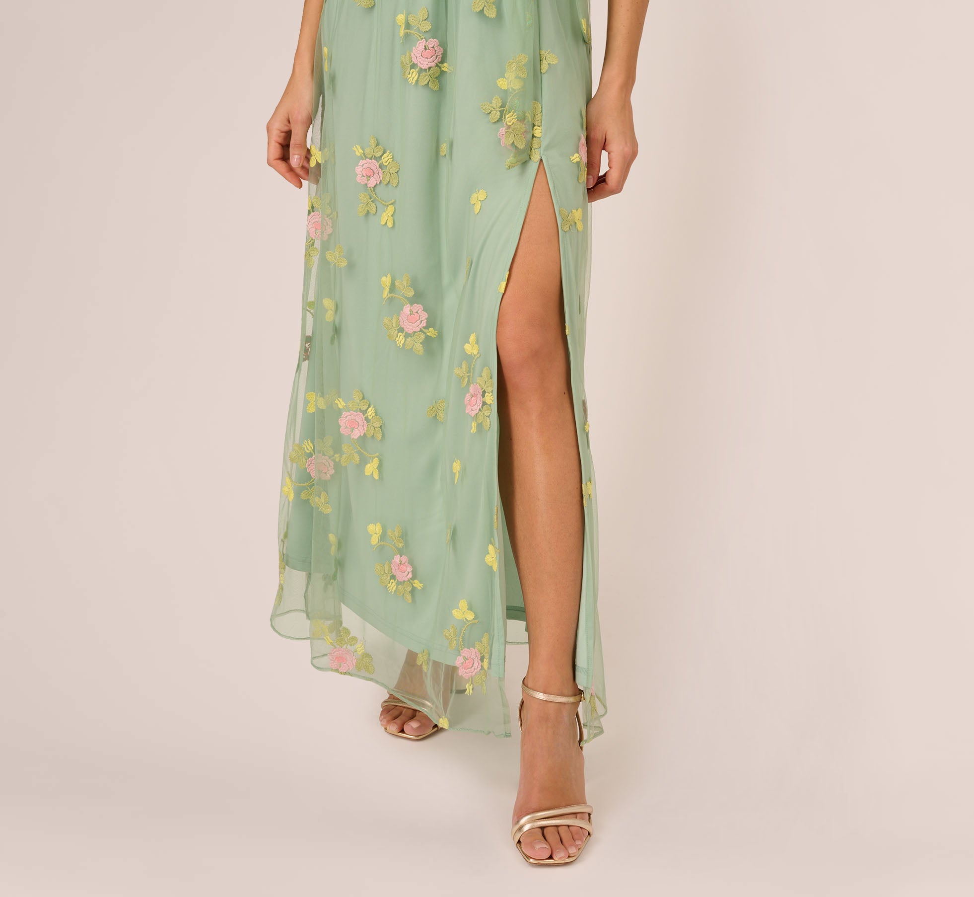 Floral Embroidered Maxi Dress With Sheer Flutter Sleeves In Sage