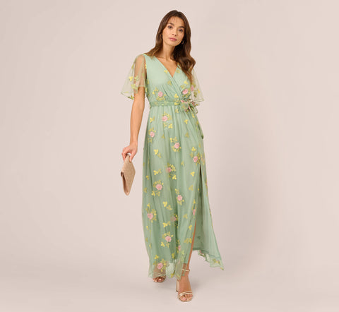 Floral Embroidered Maxi Dress With Sheer Flutter Sleeves In Sage Multi