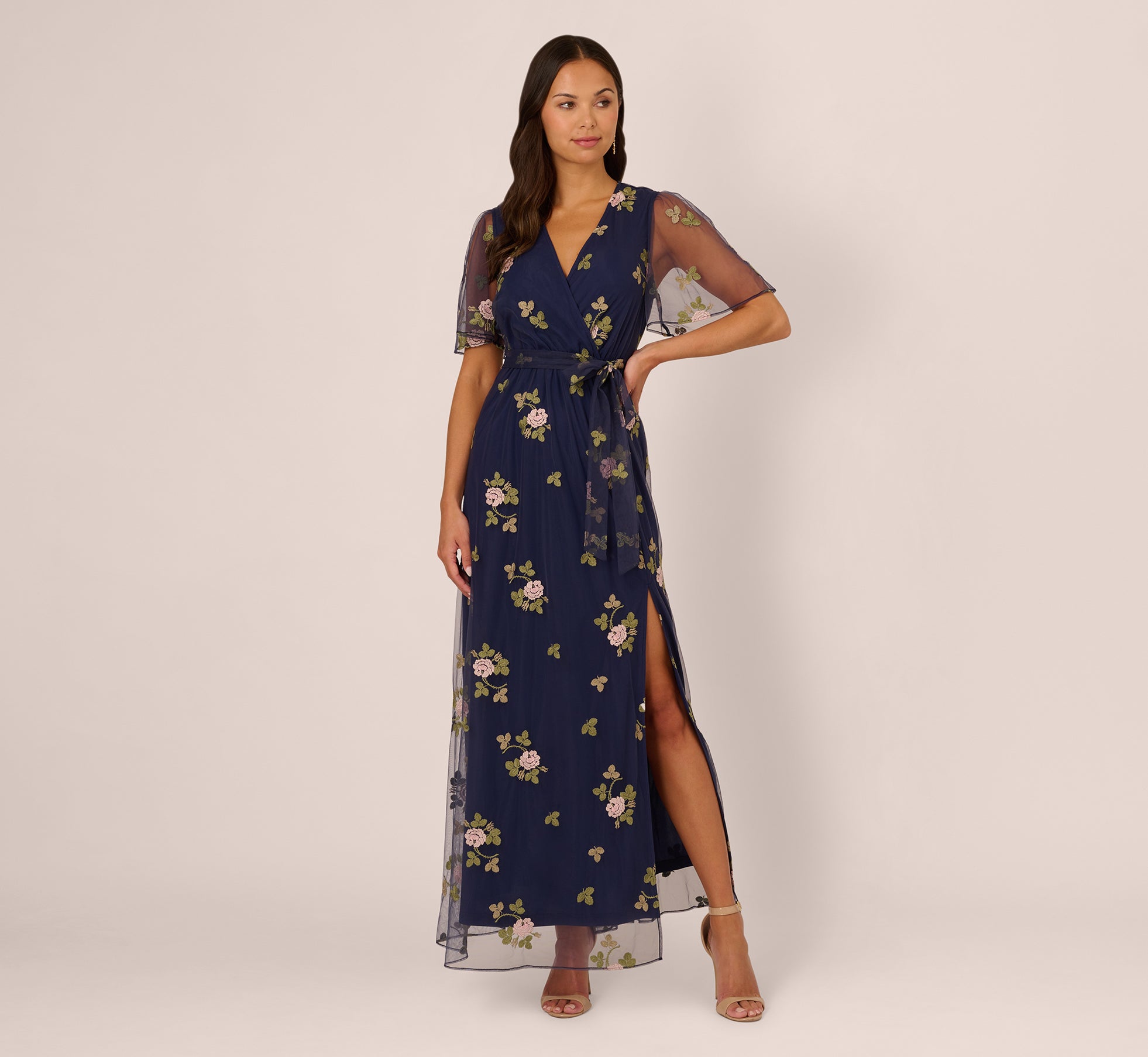 Floral Embroidered Maxi Dress With Sheer Flutter Sleeves In Navy Multi 1