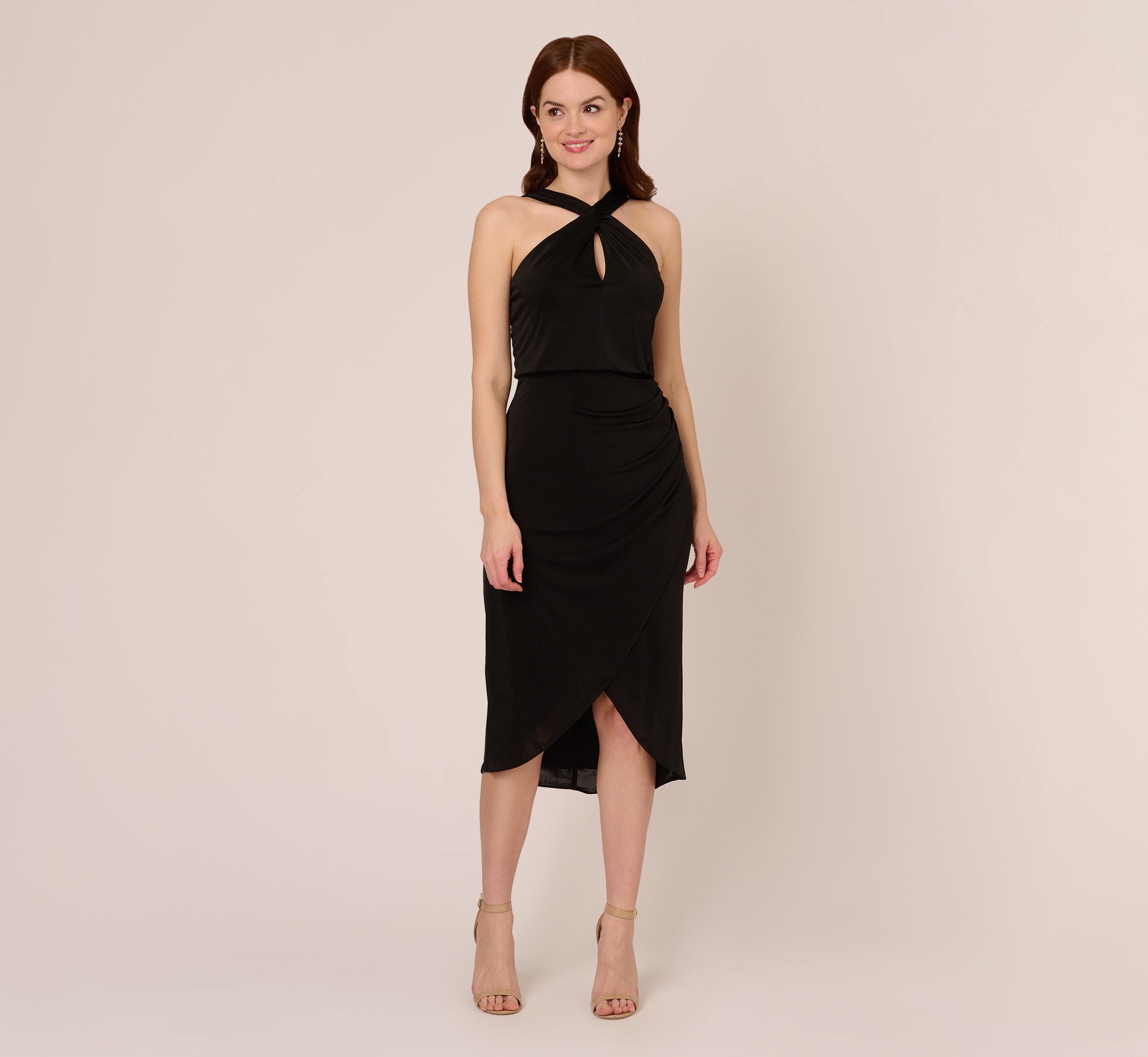 Halter Cocktail Dress With Faux Wrap Skirt In Black 1