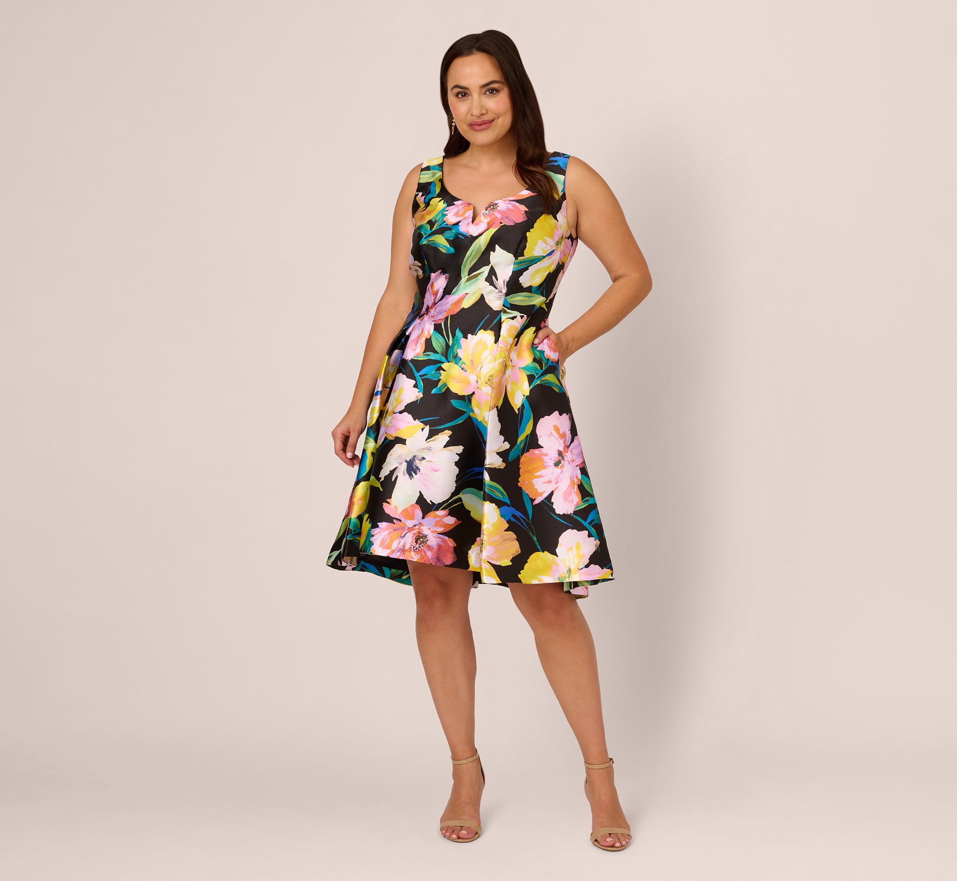 Plus Size Floral Print Mikado Sleeveless Dress With High Low Skirt In Black Multi 1