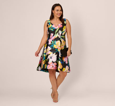 Plus Size Floral Print Mikado Sleeveless Dress With High Low Skirt In Black Multi