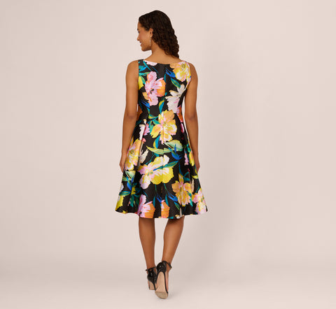 Floral Print Mikado Sleeveless Dress With High Low Skirt In Black Multi